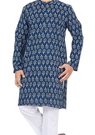 Studio Shringaar Men’s Cotton Relaxed Fit Block Printed Knee Length Regular Kurta (M121)